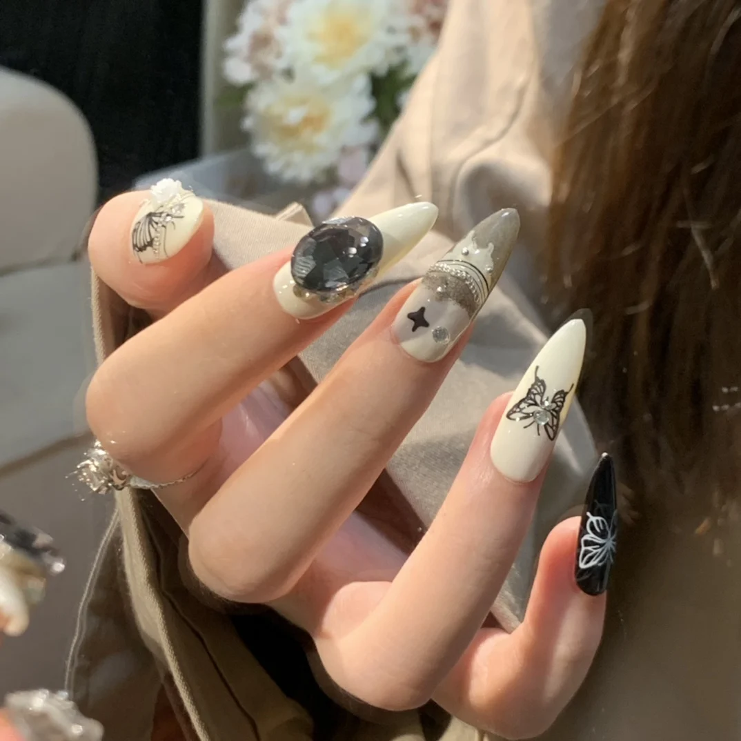 Emmabeauty Handmade Press On Nails Dark Gentle Style Butterfly Big Flash Diamond Chain Camellia Almond Long Pointed Effect.