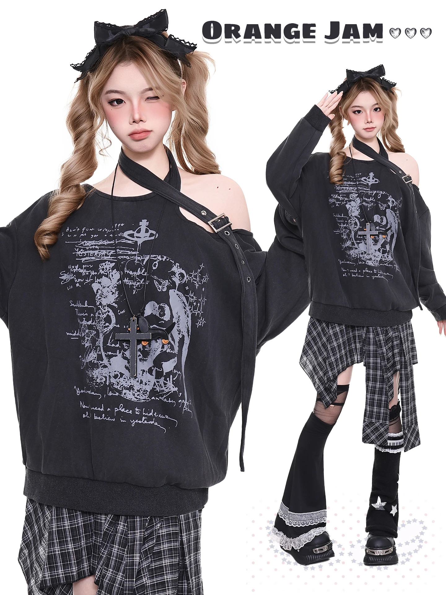 

Женская толстовка с открытыми плечами, свободного кроя, весенняя новинка, в стиле панк, с принтом, повседневная, с длинными рукавами, уличная одежда