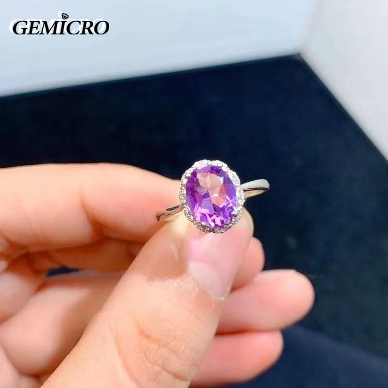 Gemicro 925 Silver Elegant Natural Amethyst Ring for Women Purple Gemstone Ladies Resizable Rings Fine Jewelry