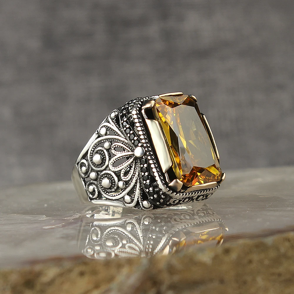 Citrine Cubic Zirconia Special Cut 925 Sterling Silver Men 'S Ring