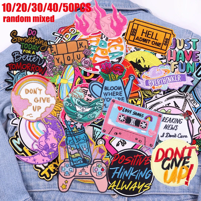 10/20/30/40/50PCS Random Patch Positive Language Letter Slogan Embroidered Patch Cartoon Letter Tape Patch Iron On Patches DIY