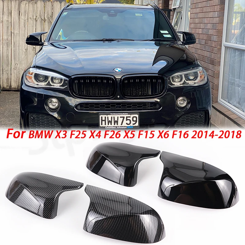 Garniture de couverture de rétroviseur en Fiber de carbone, noir brillant, pour BMW F25 X3 F26 X4 F15 X5 F16 X6 2014 2015 – 2018