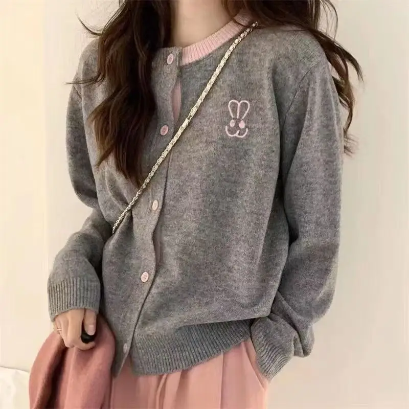 Indie, Sweet and Cute Gentle Women's Wool Cardigan Rabbit Embroidered Crew Neck Single-Breasted Coat Fashion