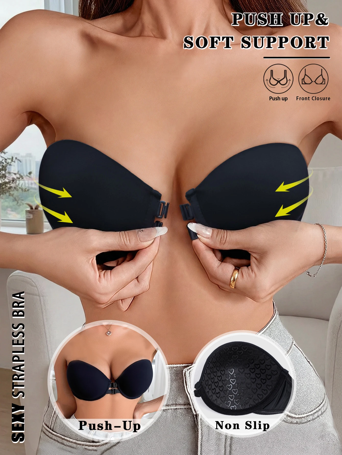 

Push Up Strapless Bra with Front Closure, Non-Slip Heart Texture Cups