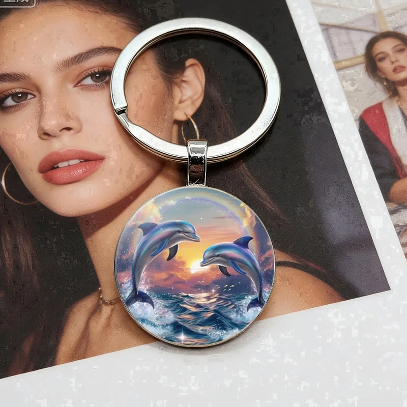 Hot selling dolphin rainbow sunset pattern circular glass alloy keychain Easter gift