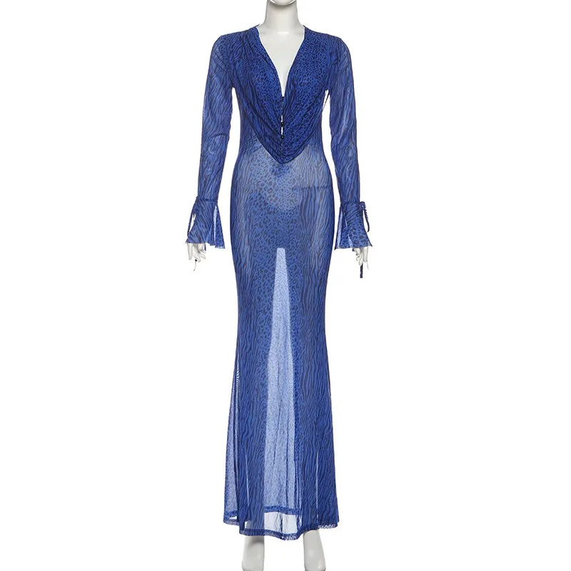2025 Autunno Maglia Leopardo Stampato Sheer Slim Elegante Maxi Vestito Delle Donne Manica Lunga Goccia V Anca Avvolto Party Club Streetwear Robe