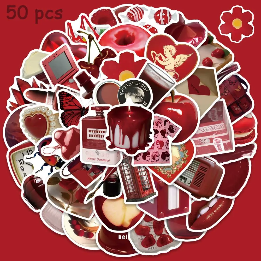 50pcs INS Style Vintage Red Simple Stickers Aesthetic DIY Decals Water Bottle Laptop Luggage Fridge Scrapbook Diary Stickers