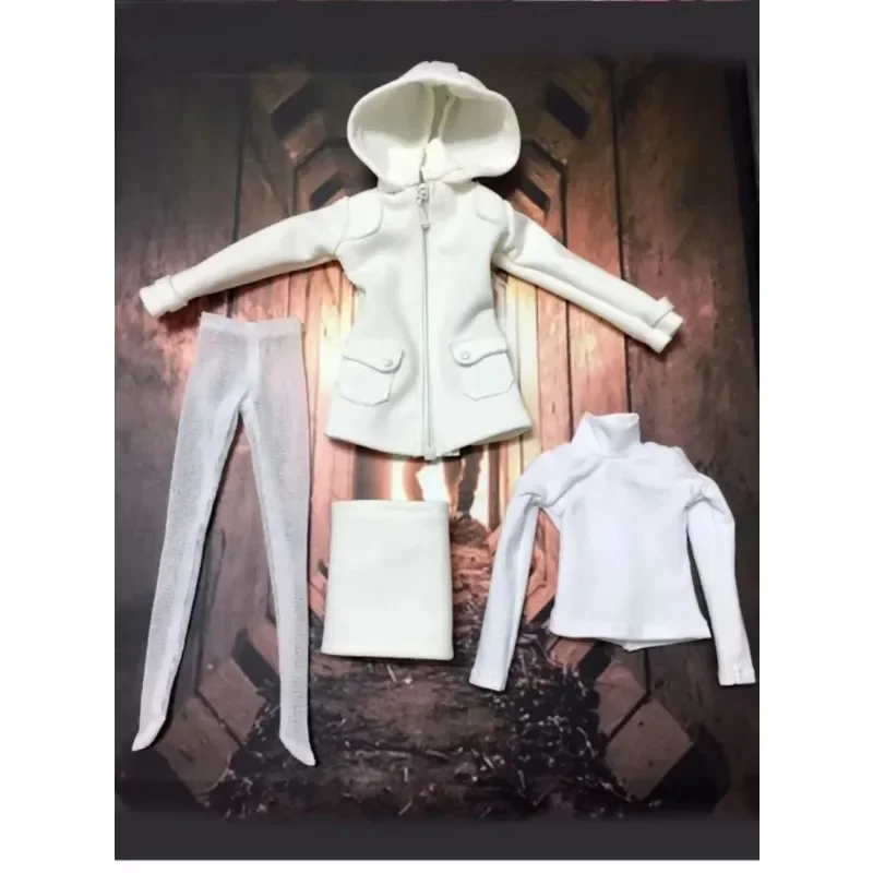 

CC299 Female 1/6 Scale White Hooded Coat with T-shirt Skirt Stockings Set Soldier Clothes Model for 12'' Toy Figure Ph TBL Body