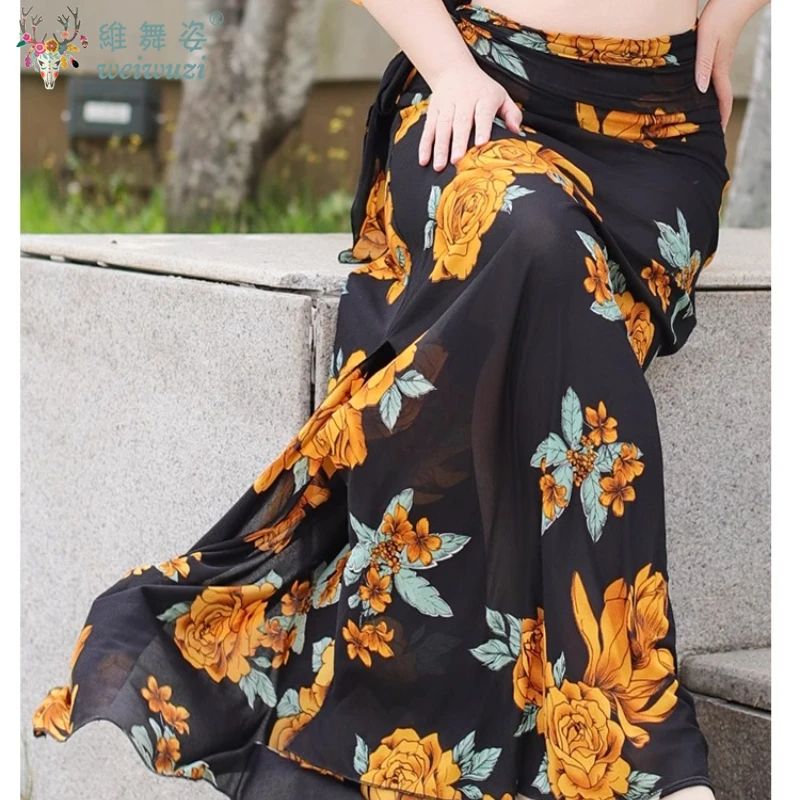 Adults Sexy Belly Dance Practice Costume Printing Lateral Tied Skirt Women Clothing Bellydancing Costume Performance Dress Stage