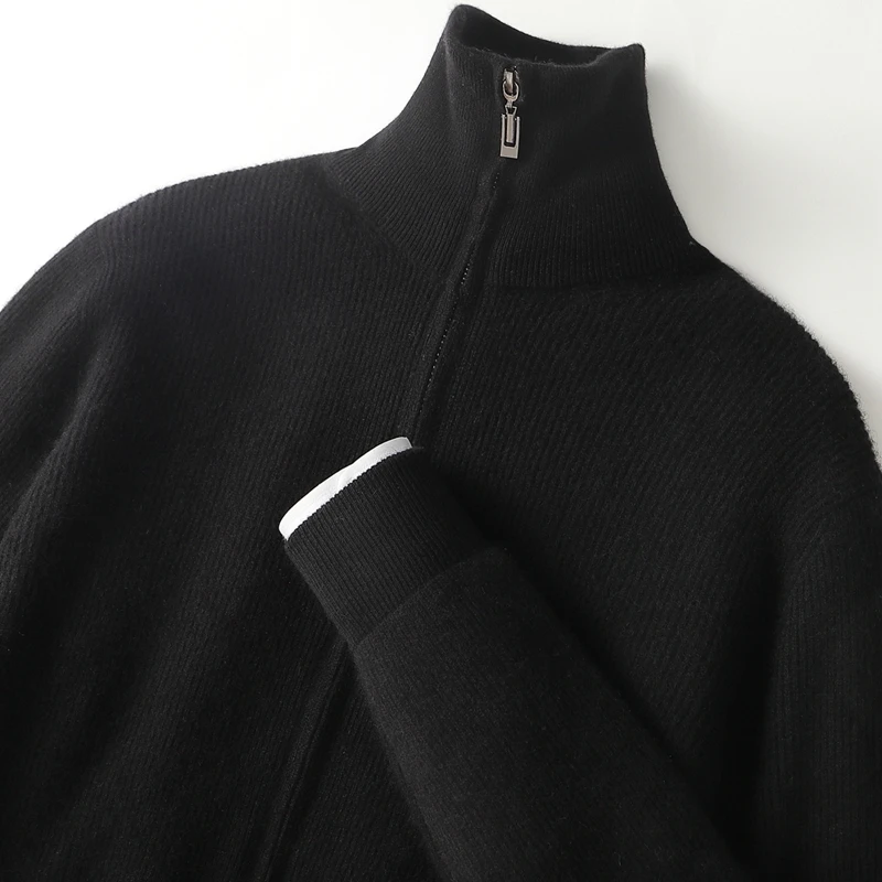 100% Pure Wool Cardigan Men's Semi-High Collar Business Padded Zipper Leisure Knitted Sweater Coat