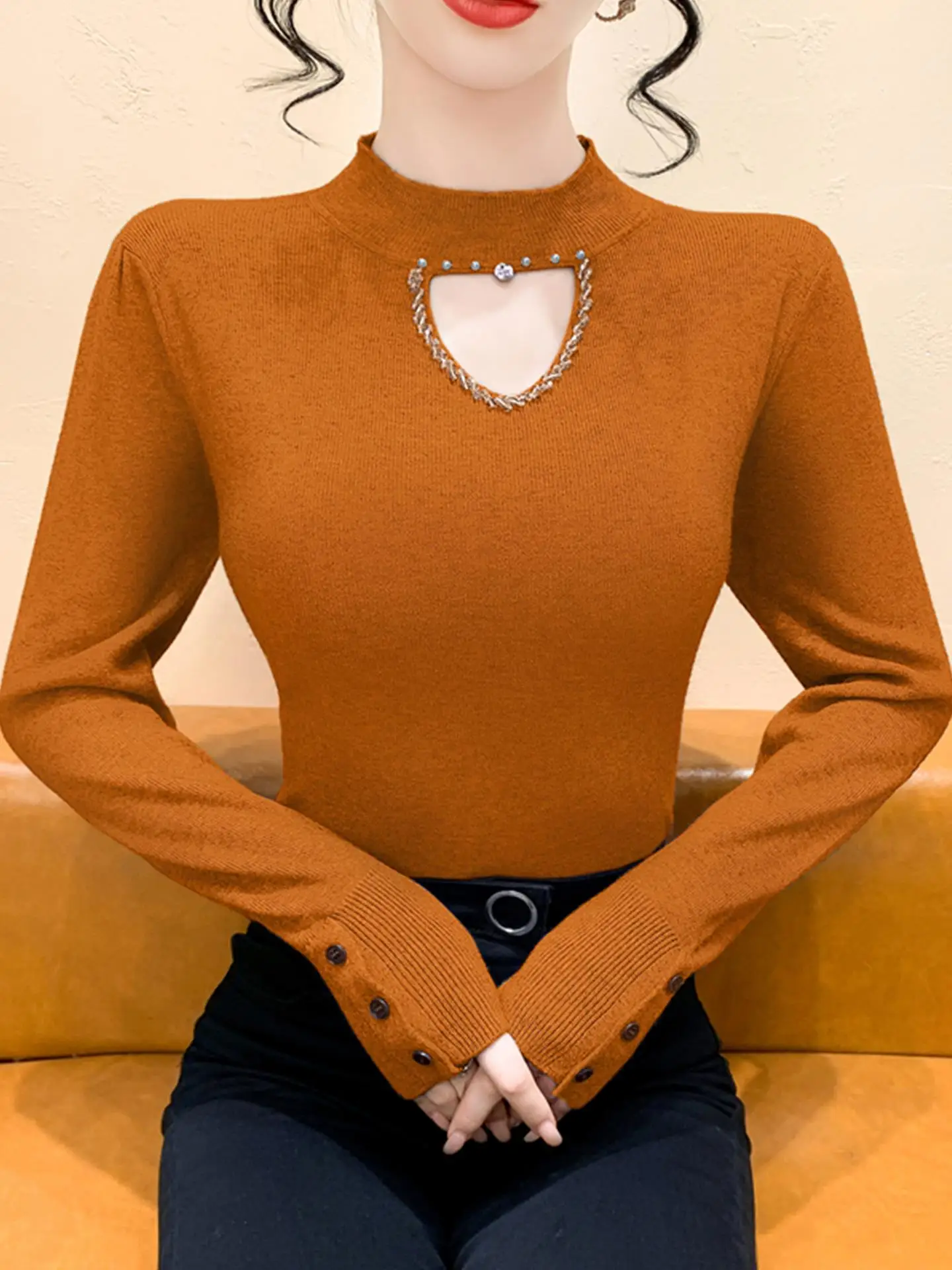 Ele Hollow out Long Sve Knitted Sweater Women's Slim Fit High Collar Heavy Embroidery Autumn Winter New Sle Base irt