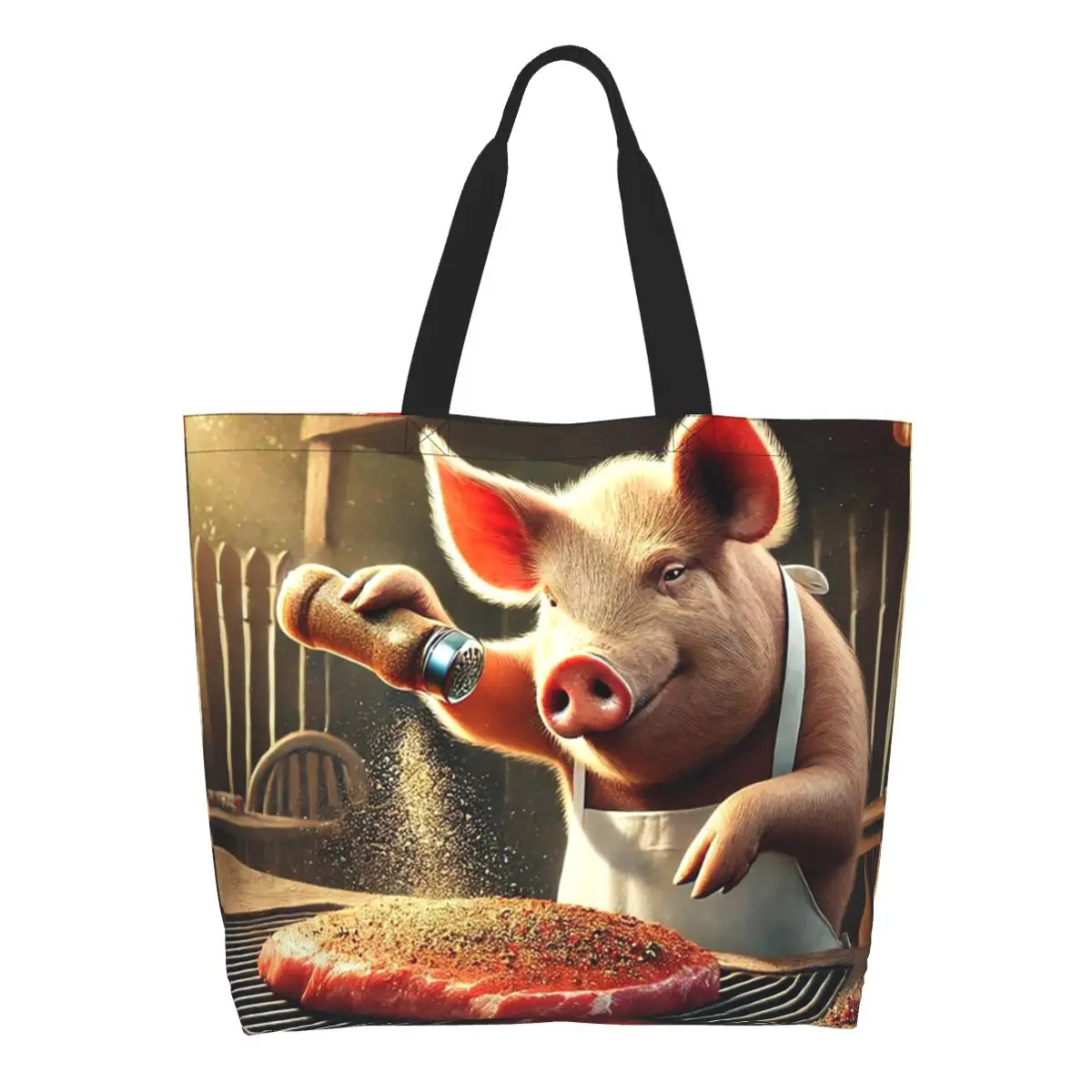 Cooking Pig Cartoon BBQ Scene Shopping Tote Bag Canvas Large Capacity Shoulder Bags Shopper Grocery Handbag for Women