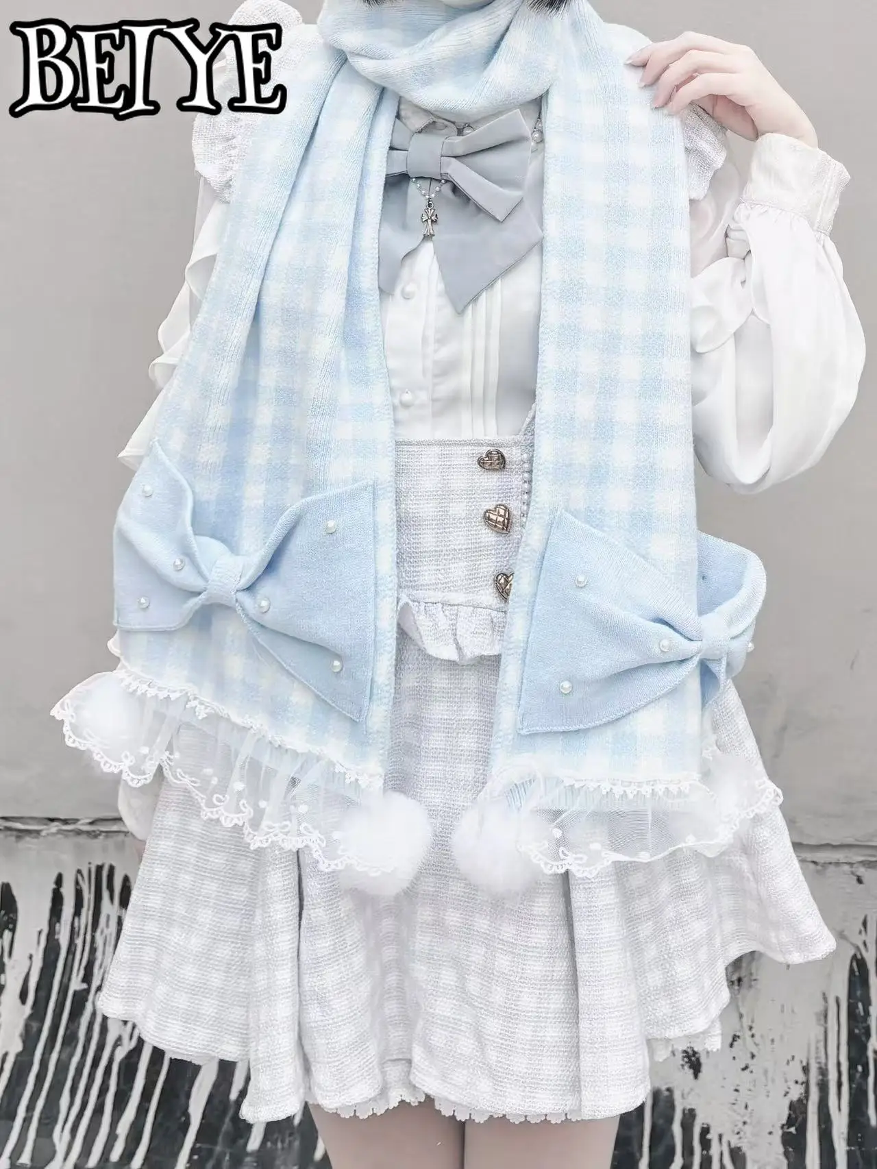 Scarf Original Japanese Mine Series Mass-produced Pearl Bow Hairball Scarf Female Sweet Pink Lolita Plaid Scarf Autumn Winter