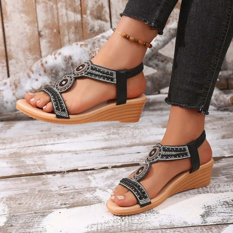 

Plus Size Women's Sandals 2026 Summer New Rhinestone Fit Roma Sandals Women's