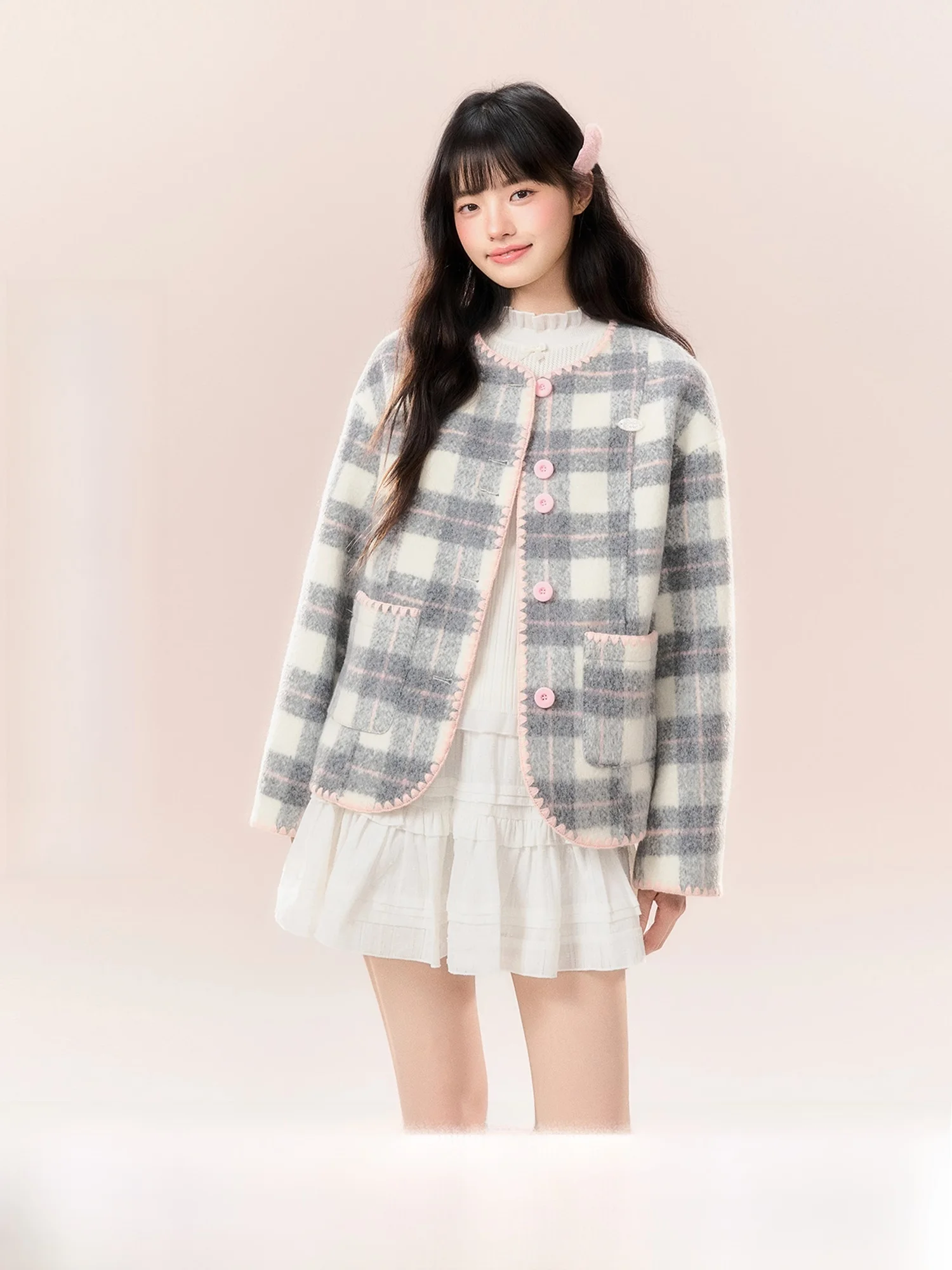 

Модная женская верхняя одежда Sweet Sle Umoumo ell Needle round Ne ey Pink Plaid, весенний сезон, из полиэфирного волокна, с длинными рукавами