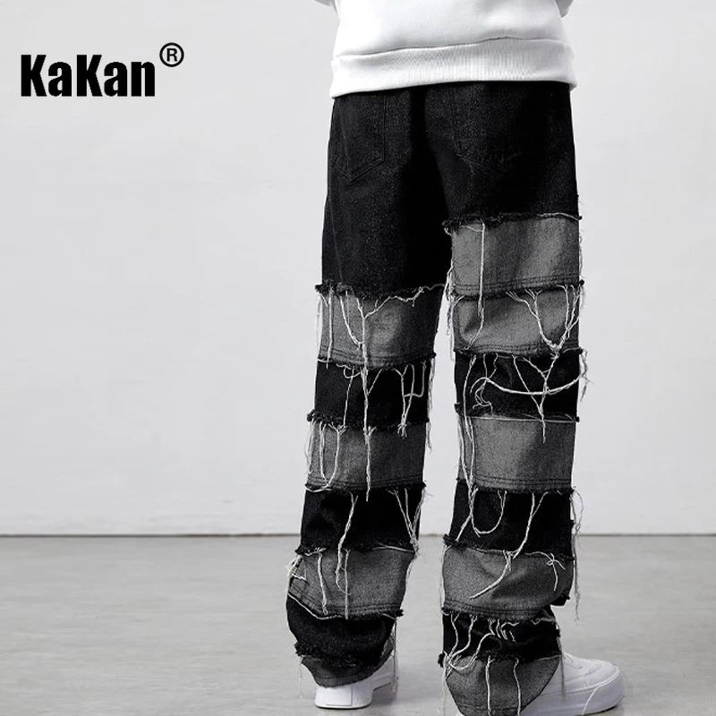 Kakan-y2k New Men's High Street Fringe Patchwork Jeans, Motoryclist Boots Baggy Jeans Wide Leg Pants Plus Men's Long Jeans