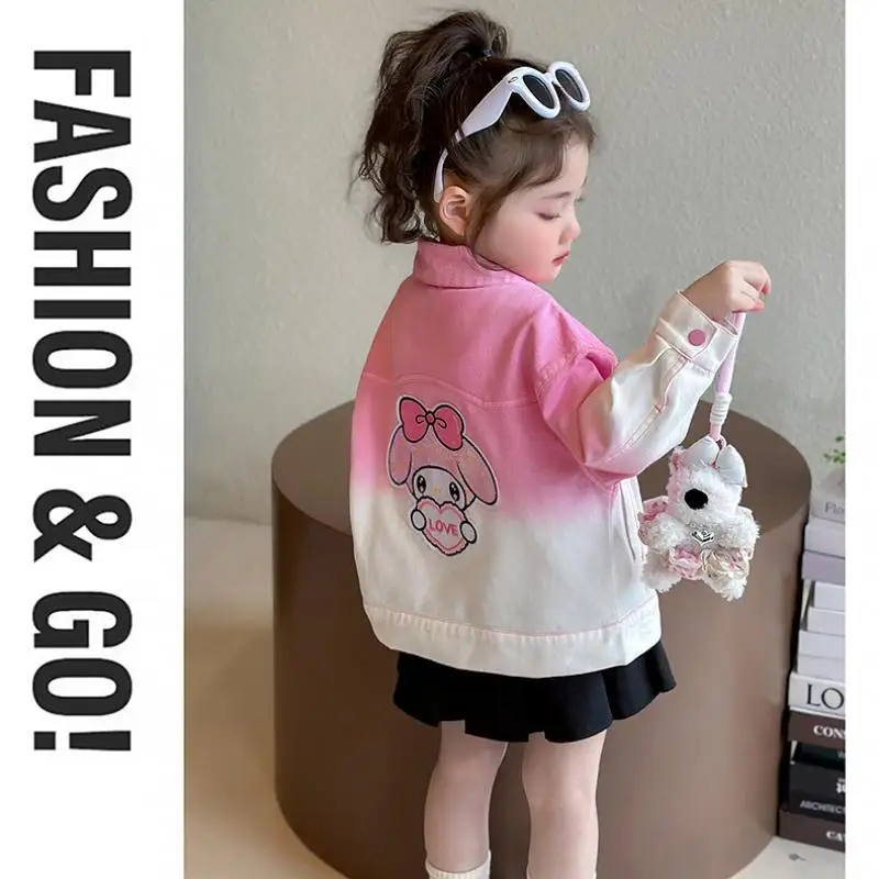 

Sanrio Girl Denim Jacket My Melody Kawaii Anime Fashion Spring and Autumn Student Lapel Casual Tops Coat Children Clothing New