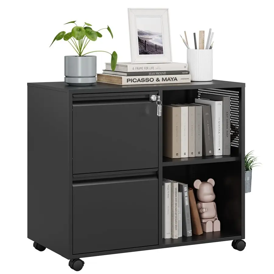 2 Drawer File Cabinet on Wheels, Metal Filing Cabinets with Shelf, Home Office Mobile File Cabinet with Lock, Printer Stand Stor