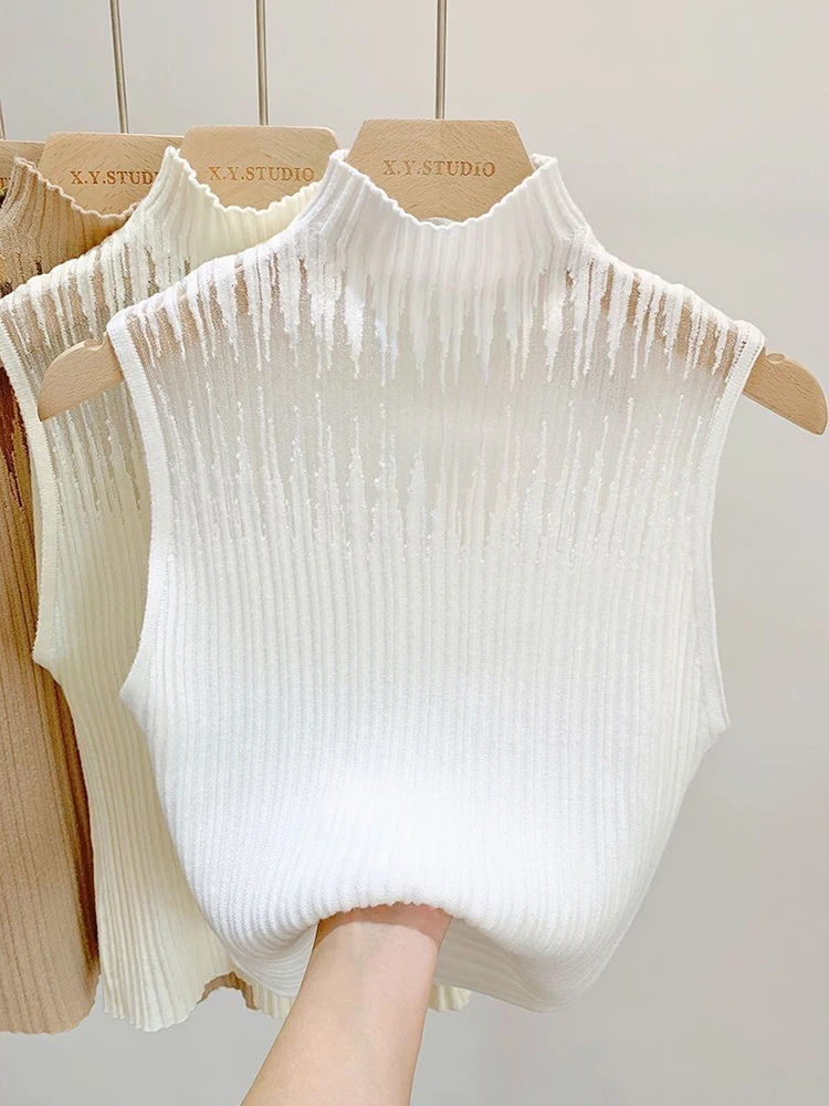 شبكة محبوك المرأة Y2K تانك القمم سترة الإناث سترة صوف من دون أكمام شيك قطع الشارع الشهير الصلبة نحيل الأبيض صديرية دائرية 2025