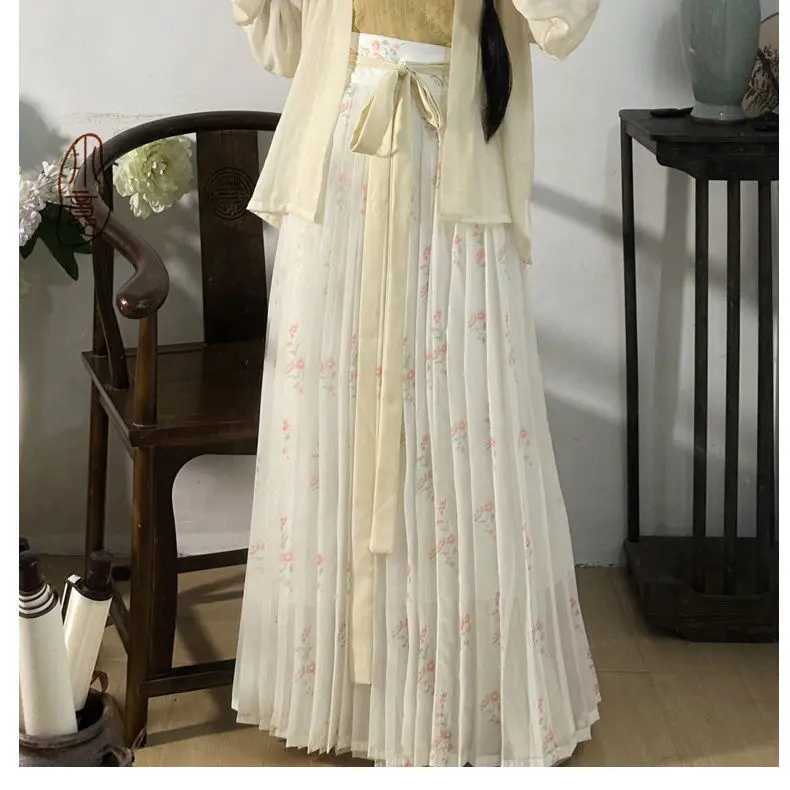 مجموعة Song Hanfu الأصلية - بلوزة نسائية بأكمام هوائية مع تنورة مطوية من قطعة واحدة، أزياء نسائية صينية تقليدية قديمة