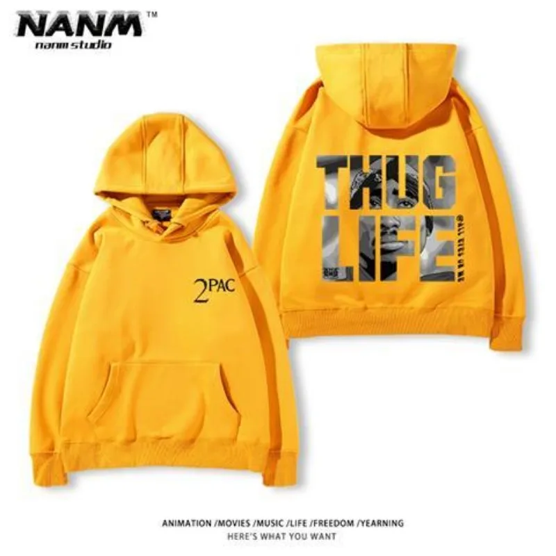 2Pac Hip Hop Hooded Sweater Korean Version of Men and Women Autumn and Winter Hip Hop Vintage Trend Print Street Clothes