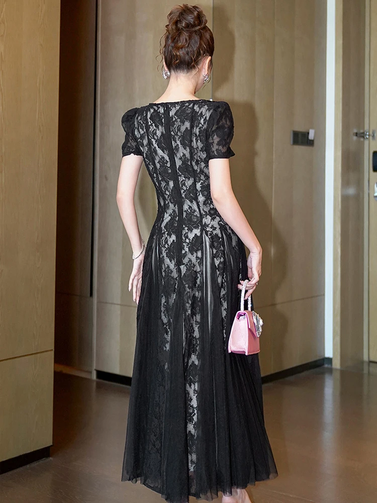 Elegante abito lungo nero romantico per le donne Dolce pizzo trasparente Maglia diamante Perla Abito in tulle Lady Matrimoni Abiti da sera formali