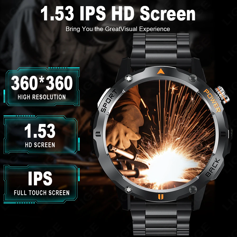 LIGE Smart Watch 1.53 Inch Color Screen Sport LED Flashlight Heart Rate Waterproof Fitness Tracker Bluetooth Call Smartwatch Men