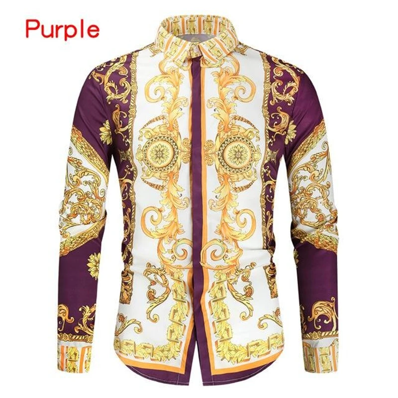 

Men's Luxury Shirts 3D Printing Golden Baroque Pattern Long Sleeve Lapel Single Breasted Shirt Banquet Party Loose Blouse