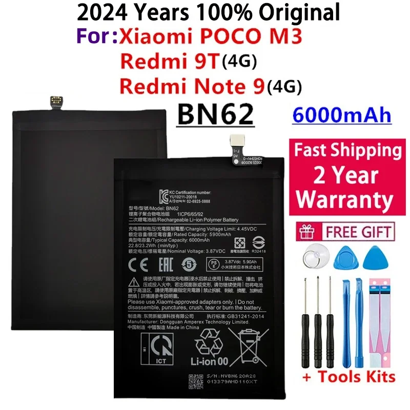 

Battery For Xiaomi Pocophone, 6000mAh BN62,Pocophone, Poco M3, Note 9, Redmi 9T Batteries, Fast Shipping, 100% Original, 2024