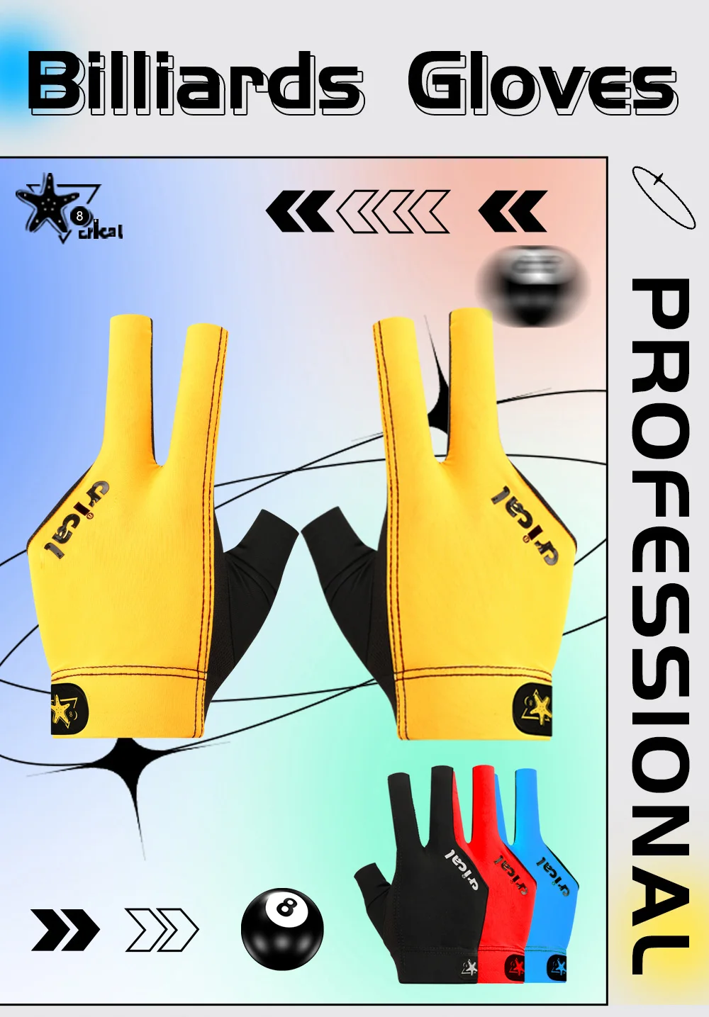 CRICAL 3-Finger-Billardhandschuh, bequeme Lycra-Snooker-Queue-Handschuhe, rechte und linke Hand, Billard-Trainingshandschuhe, Zubehör – Detail 1