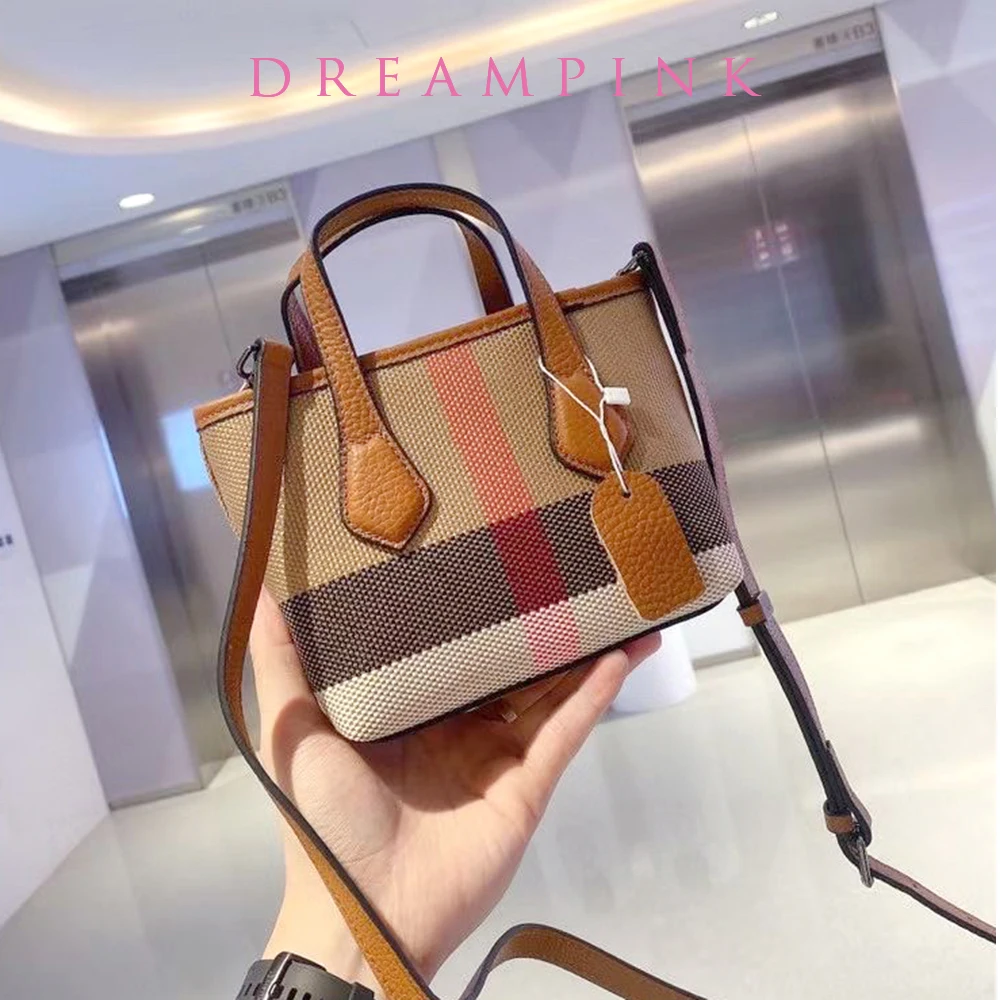 Retro Top Handle Women Bucket Bags Luxury High Quality Stripes Canvas Leather Female Tote Purse Handbag Small Lady Shoulder Bag