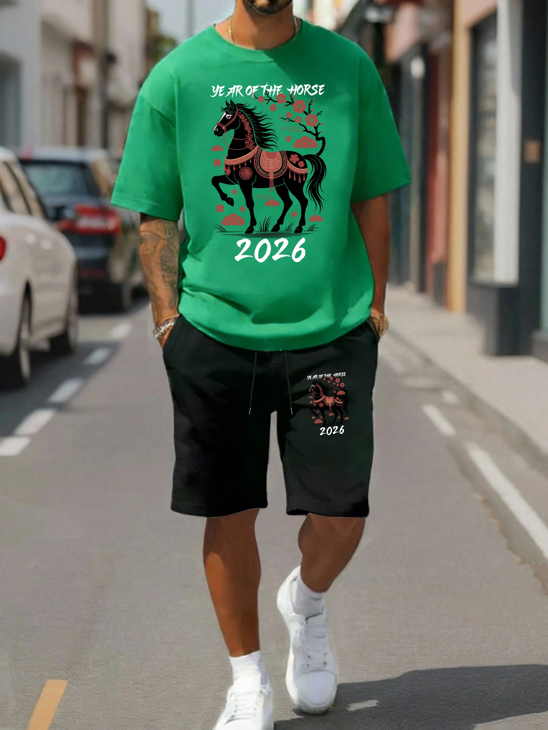 

Year Of The Horses 2026 Print Men Sportsuit O-Neck Summer Cotton Tee Loose Drawstring Shorts Unisex All-Match Cotton Sportswear