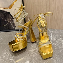 Liyke Runway Style Glitter Rhinestones Cross Ankle Strap Women Super High Heels Sexy 15CM Sandals Open Toe Platform Shoes Summer