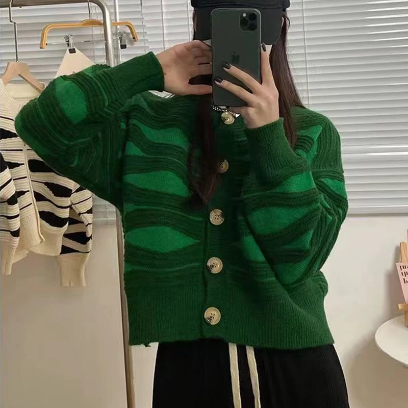 Women Wave Stripe Sweater Cardigan 2024 Autumn Long Sleeve Knitted Cardigans Lazy Sweater Female Single Breasted Knit Coat