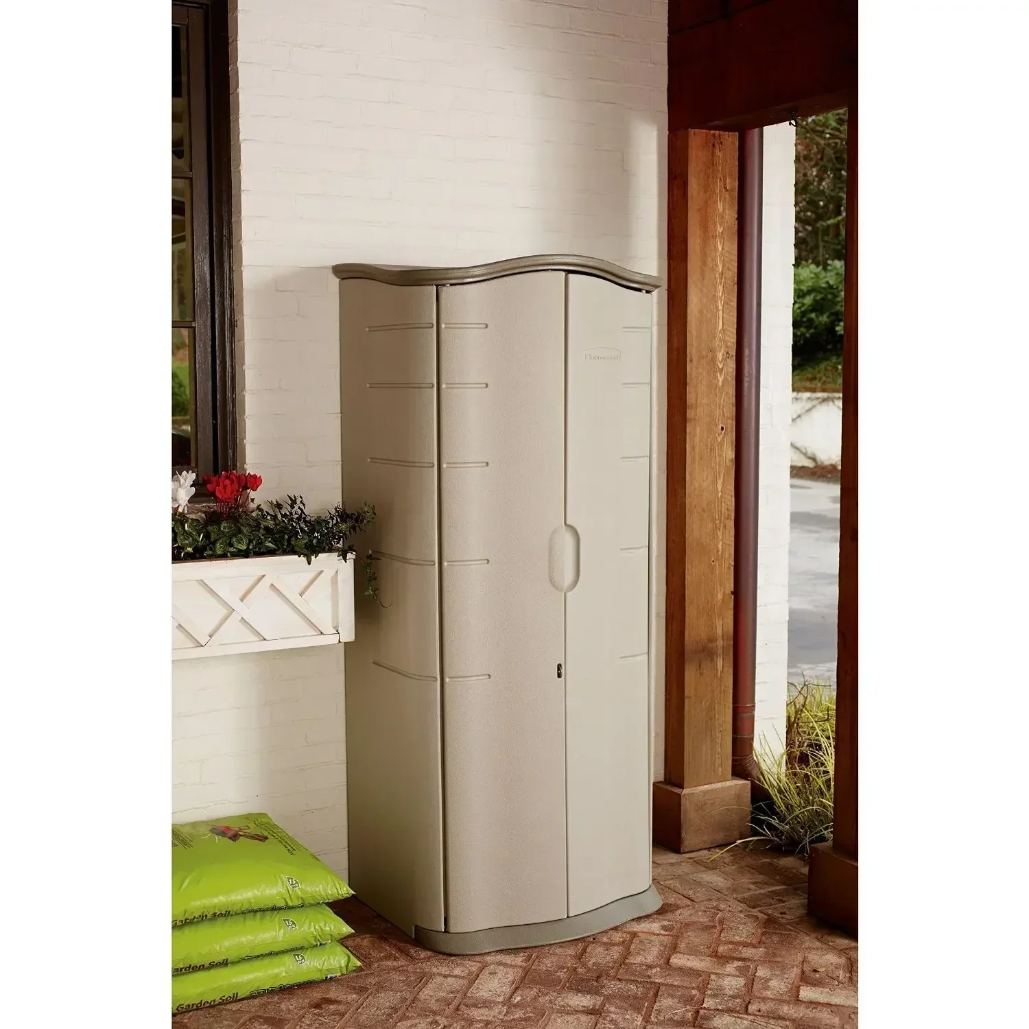 Rubbermaid-Vertical Resin Weather Resistant Outdoor Storage Shed, Olive and Sandstone, 2x2.5 ft