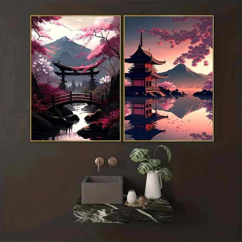 2pcs frameless Canvas Painting 2pcs/set of Japanese Landscape Cherry Blossom Canvas Poster Rizhao Mountain Sunset Wall Art Print