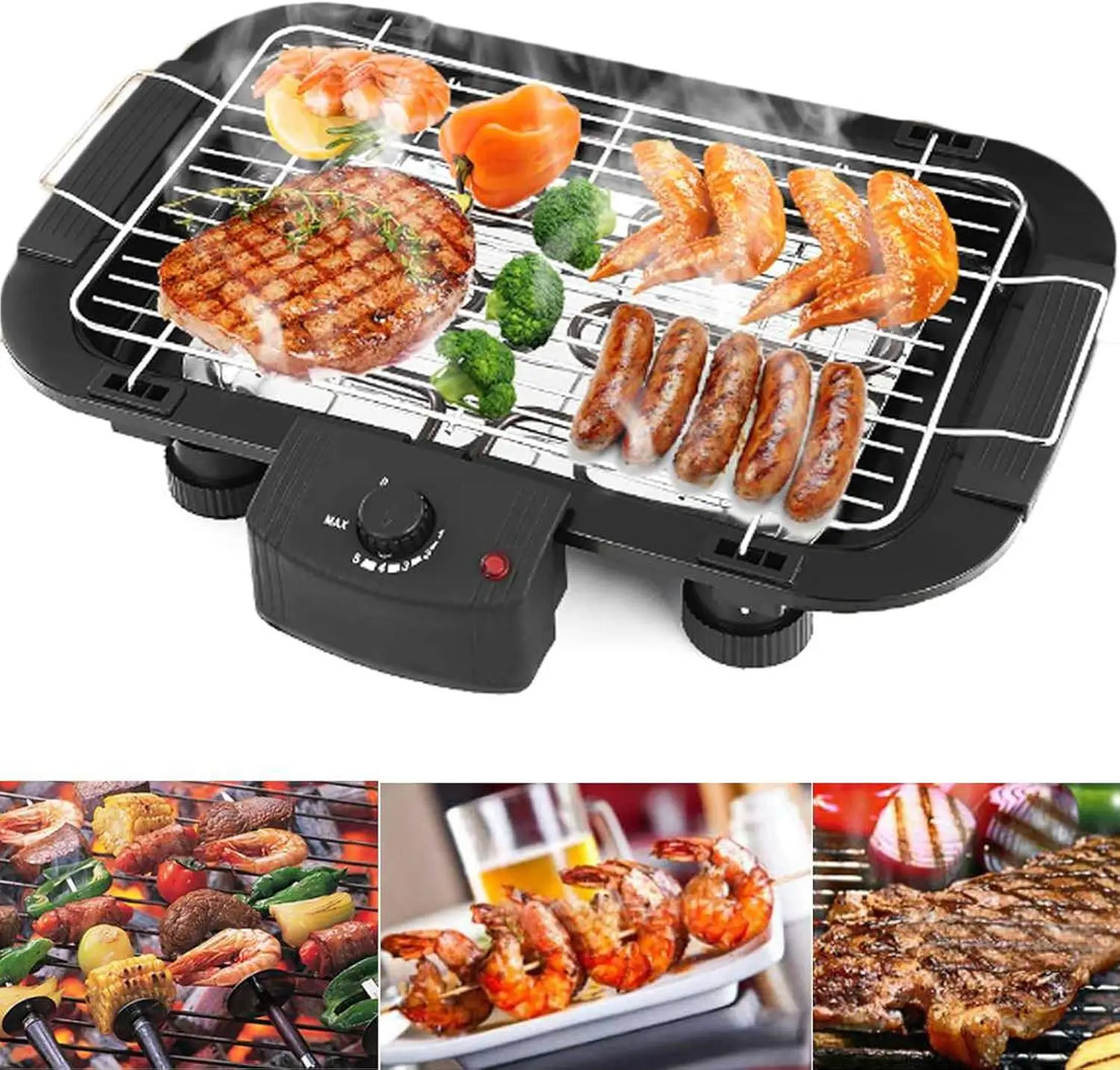 BRIEFNESS Parrilla de barbacoa eléctrica de 1500 W sin humo, máquina de barbacoa antiadherente VickyHome con rejilla desmontable y bandeja de goteo de aceite