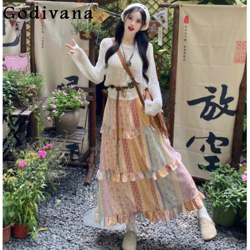 

Spring Summer New Large Size Loose Women Printing Long Skirts Fashion Elastic Waist Versatile Holiday Korean Sweet Cake Skirt