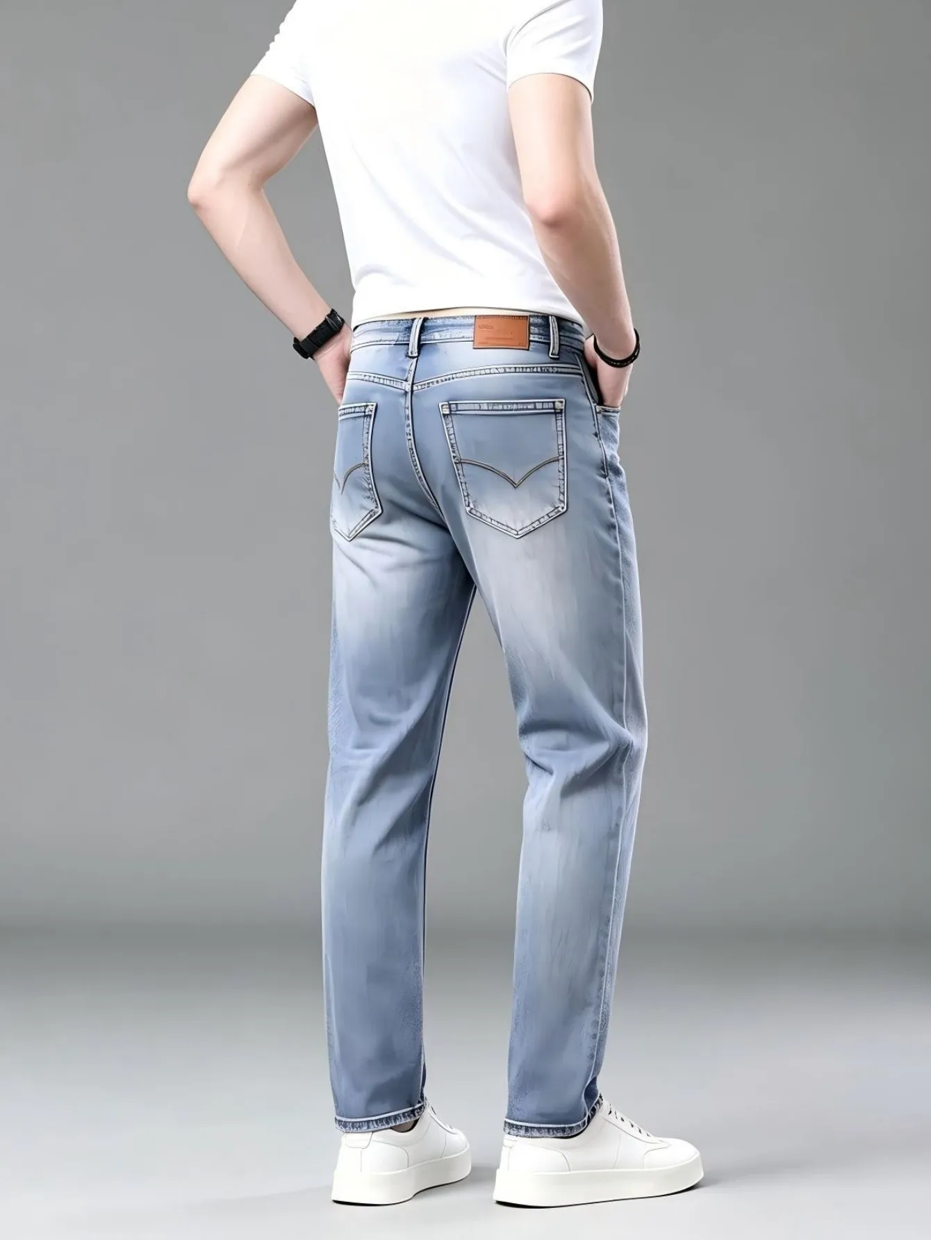 【HME】Men's Jeans | Stretch Denim Pants For Men, Light Gradient Washed Denim Fabric, Elastic Straight Fit Denim Trousers, Classic 5 Pocket Design, Decorative Back Pocket Stitching, Casual Daily Wear Bottoms For Male