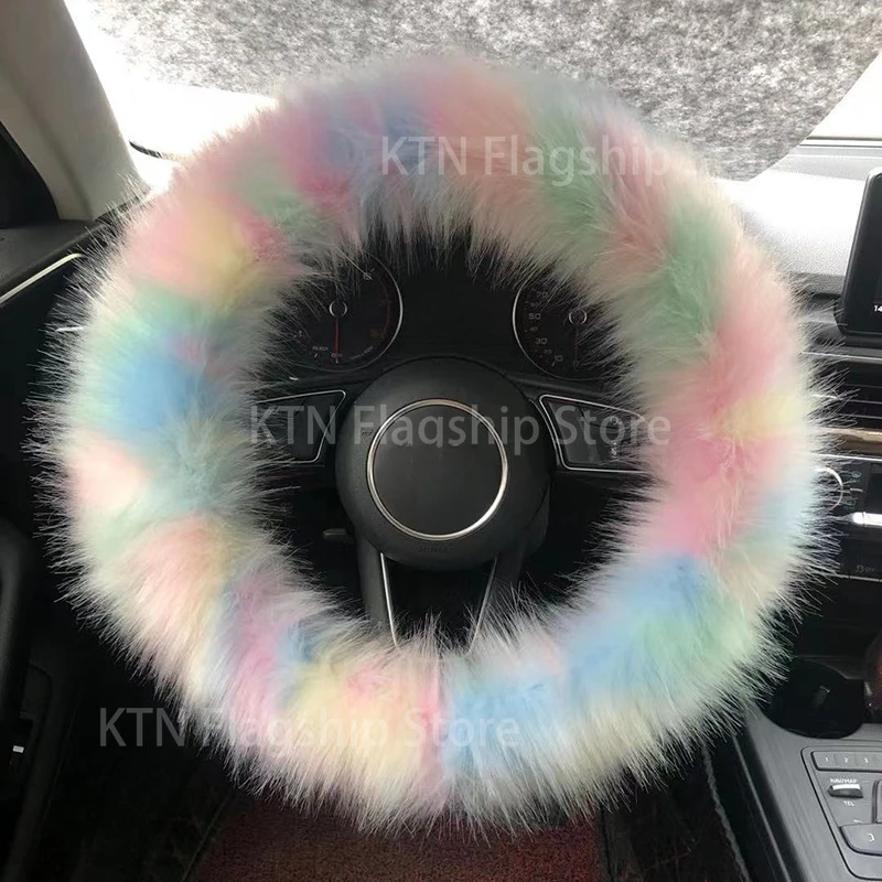 1PCS -Car Steering Wheel Cover Yellow Handbrake Shift Cover Plush Warm Fluffy Hairy Winter Car Parts Ladies