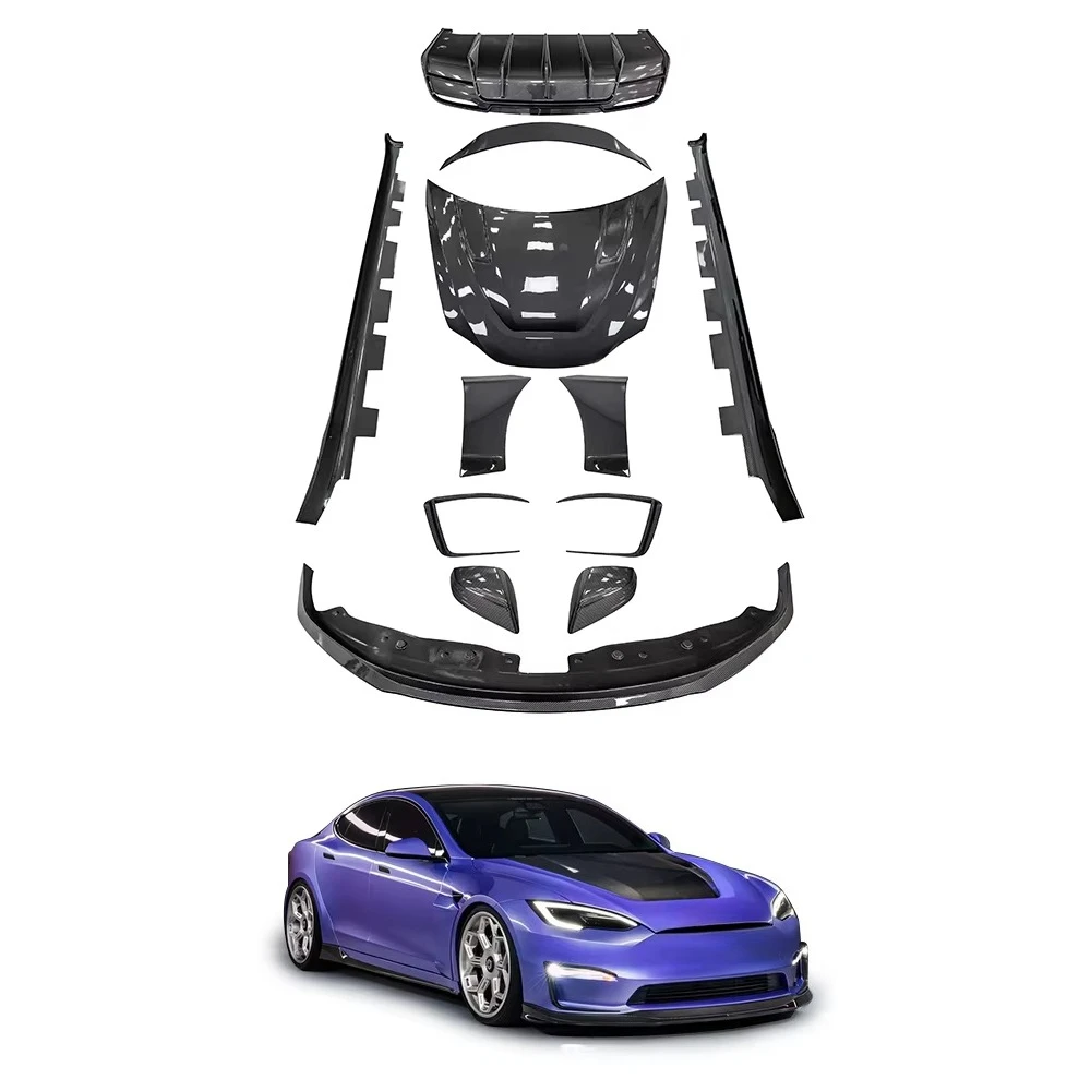 For Tesla Model S Plaid V Autoclave Dry Carbon Fiber Premium Full Body Kit Hood Spoiler Front Lip Rear Bumper