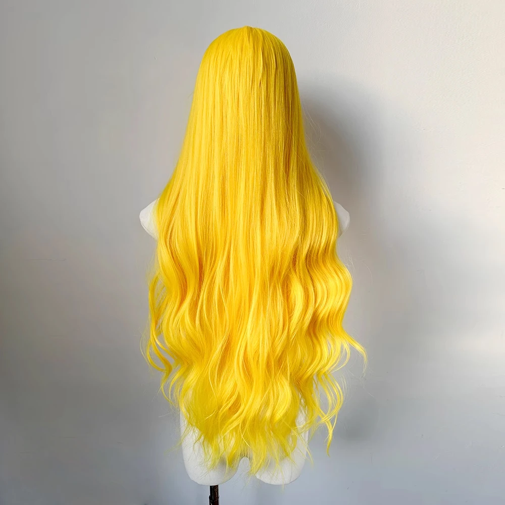 Yellow Long Wavy Synthetic Wigs Middle Part Women Cosplay Lolita Heat Resistant Wig for Daily Party