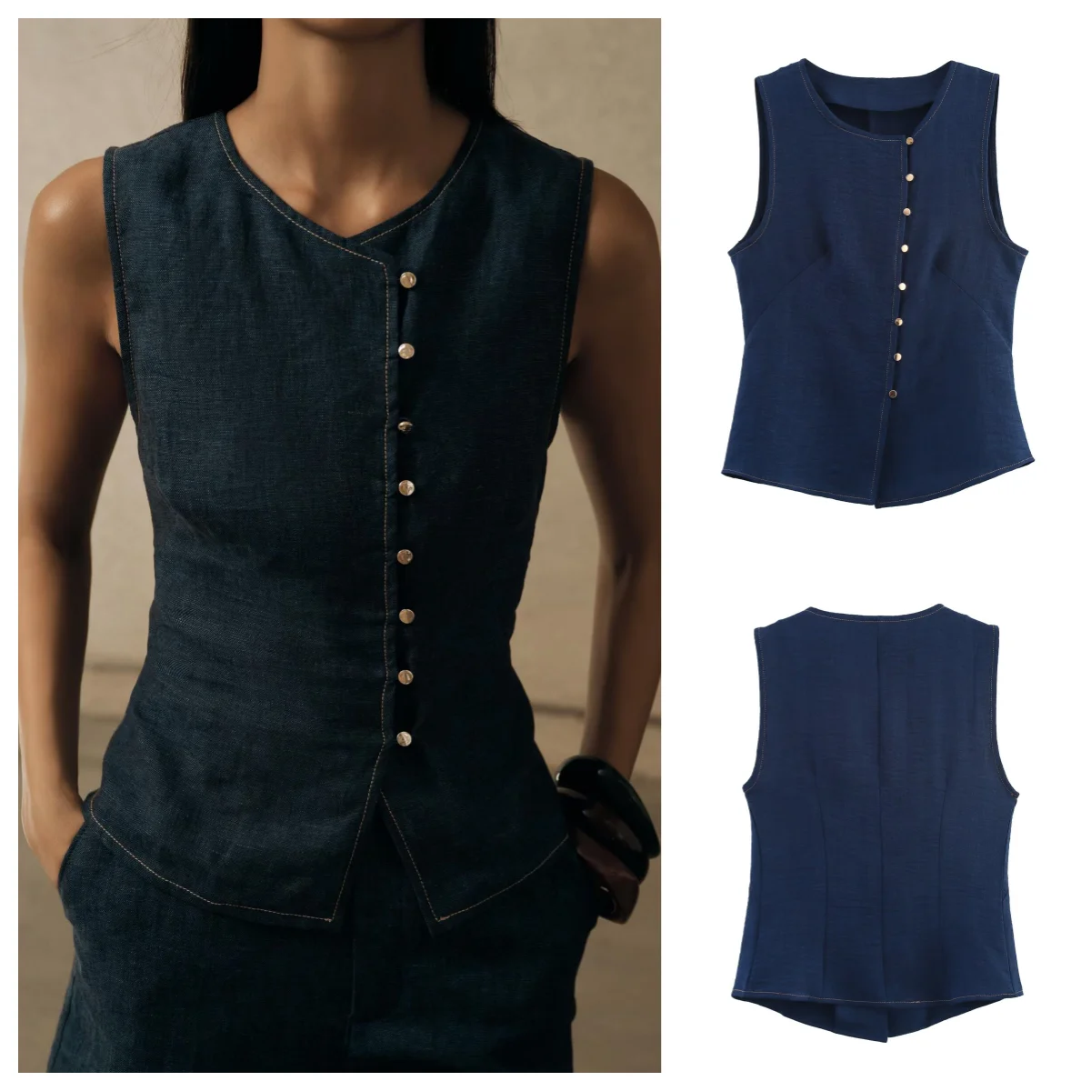 

European and American style new fashion simple all-match slim fit linen blended single-breasted vest top