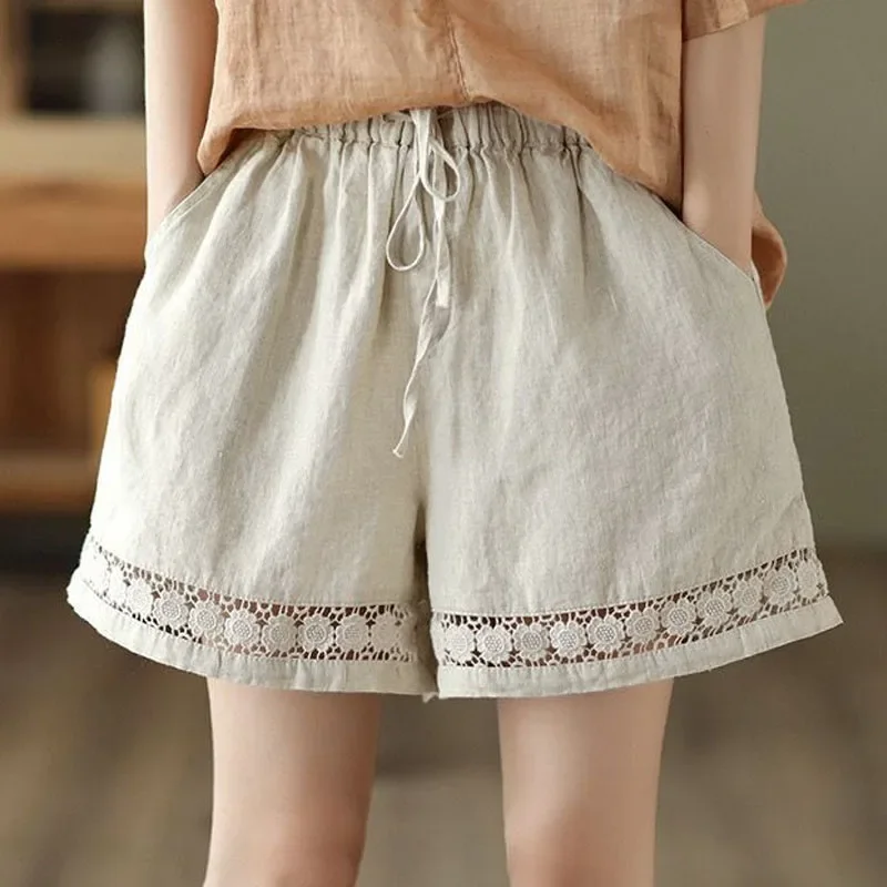 

2024 Vintage Flax Wide Legs Shorts Lady Summer Thin Style Elastic Waist Solid Color Hollow Casual Lace Loose Lacing Trousers