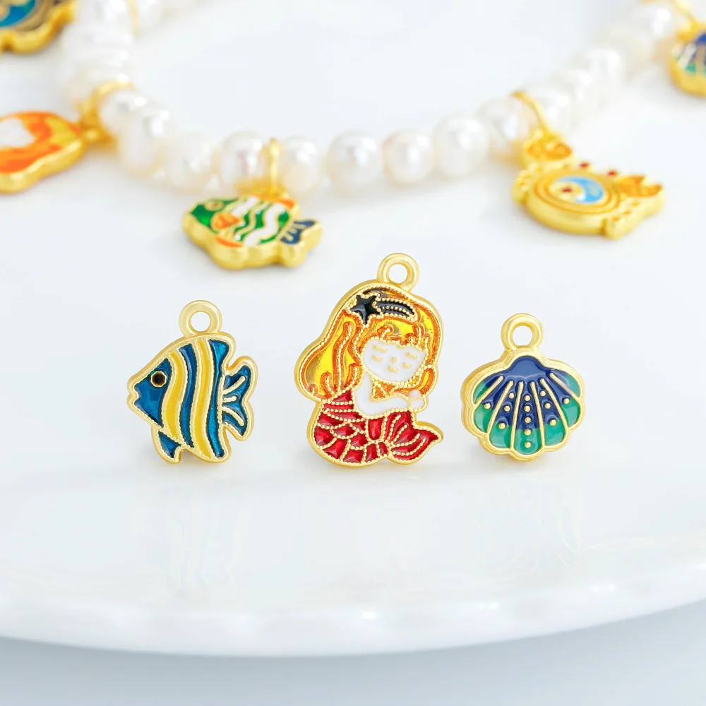 Estilo antigo areia ouro vida marinha dos desenhos animados série liga acessórios sereia concha pufferfish colar pulseira jóias