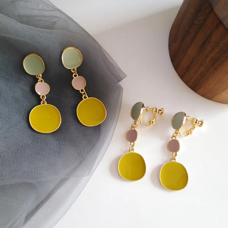 Korean Yellow oil Drop Clip Earrings Without Piercing Geometry alloy round slice Clip on Earrings For Non Pierced ears