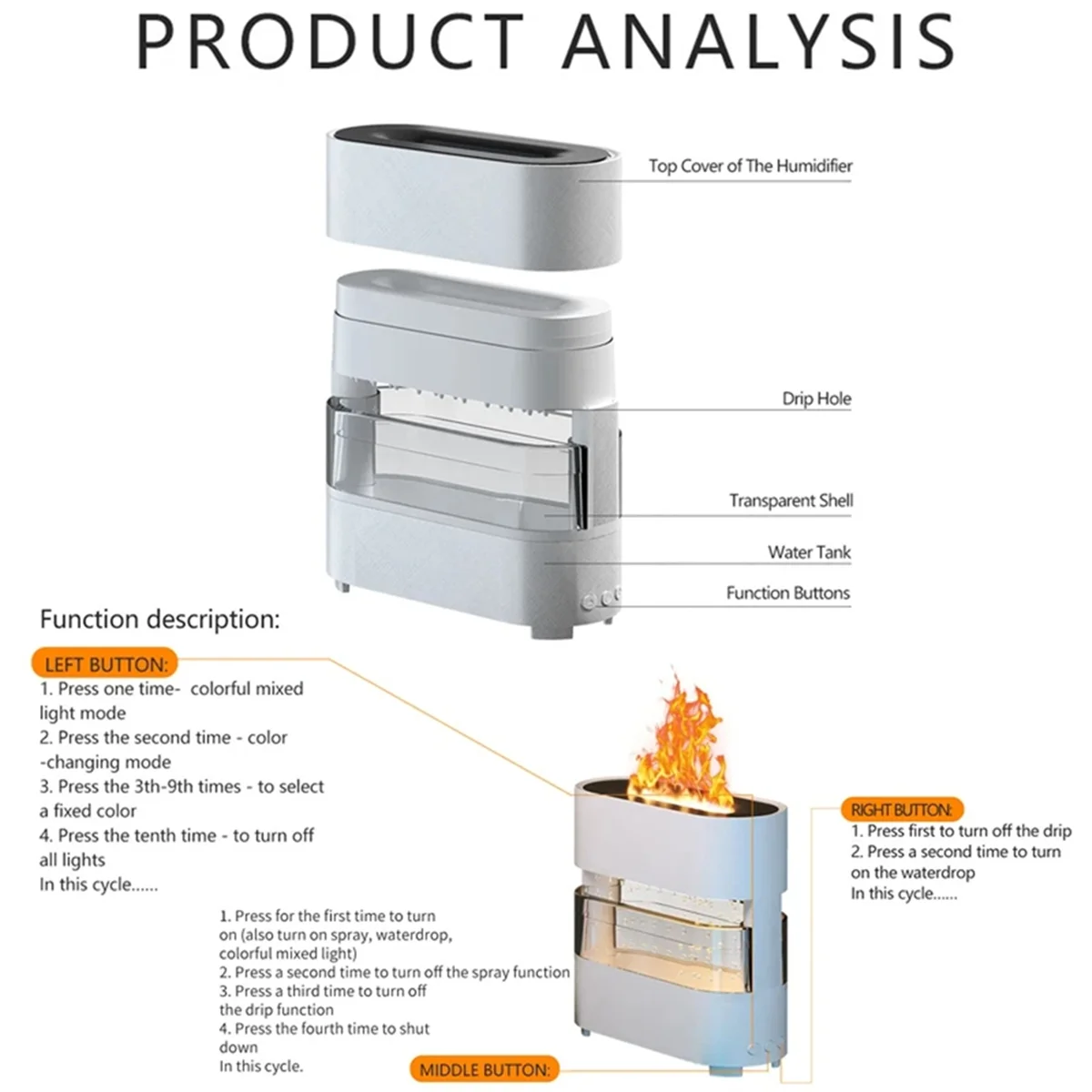 

Классический увлажнитель пламени с имитацией пламени, красочный диффузор аромата дождя и огня с 7 цветами и красочным для домашней спальни, черный