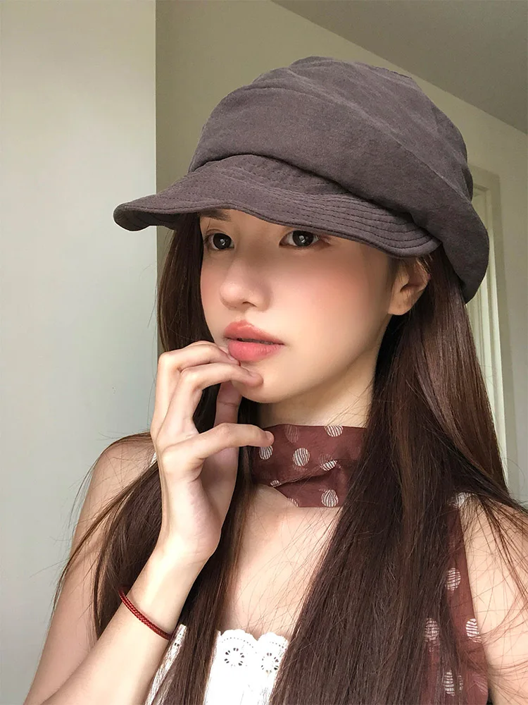 Retro Artistic Pleated Beret Hat Women's Summer Thin Breathable Design Irregular Painter Cap Large Head Circumference Newsboy...