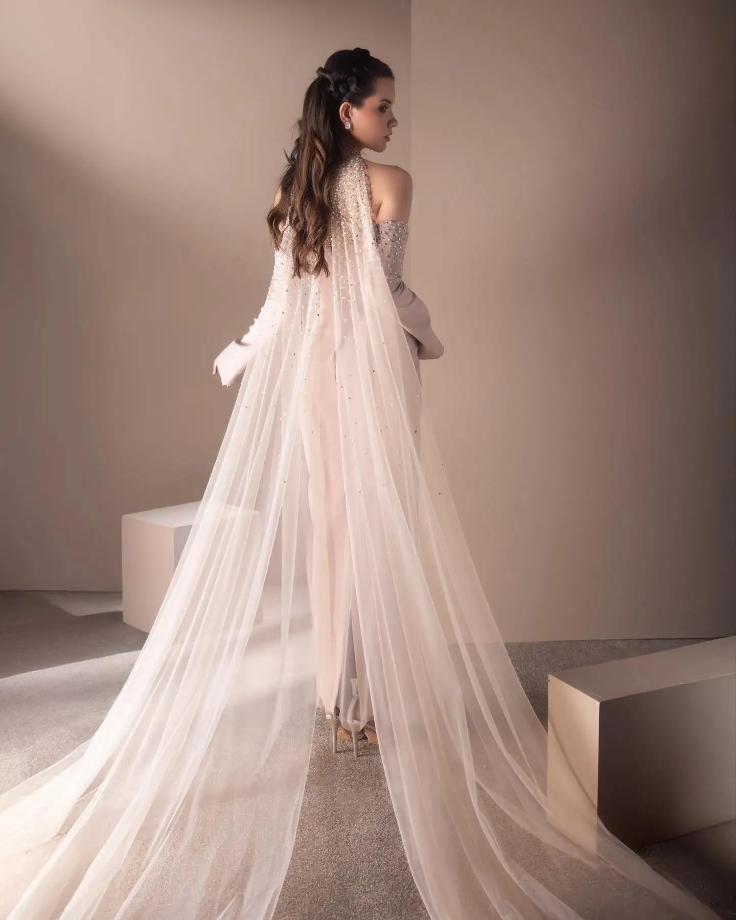 Elegant Nude Pink High‑Neck Satin Evening Gown with Pearl Luxury Beaded Flare Sleeves Wedding Party Dress Trendy  Prom Dress