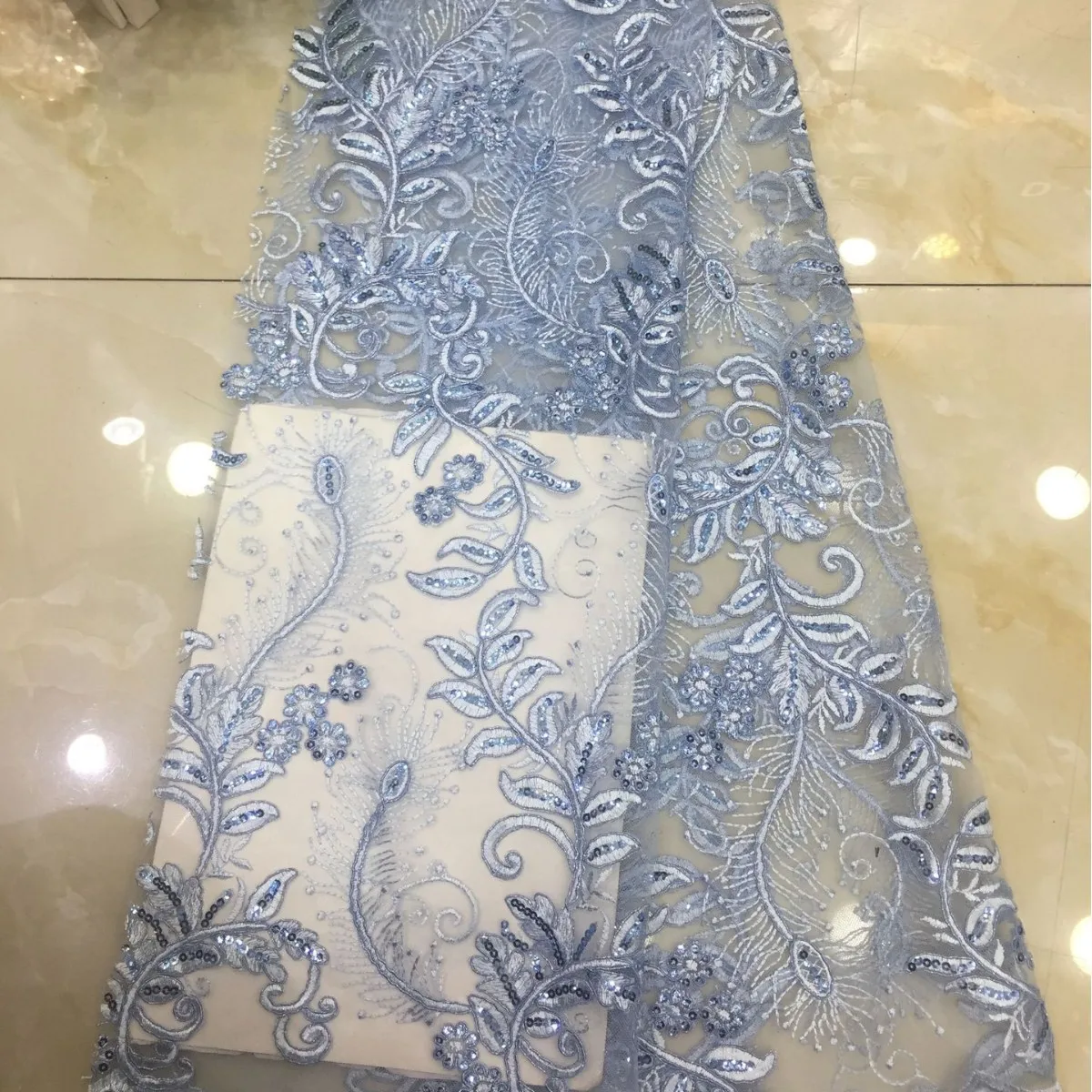 

Cord Embroidered Lace Fabric, Peacock Feather Sequined Tulle for Wedding Dress Evening Gown DIY Sewing Material